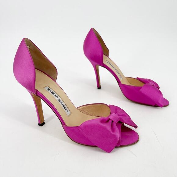 Manolo Blahnik Fuchsia Pink Silk Satin Bow Detail Peep Toe D'Orsay Pump IT 38 - Picture 2 of 14